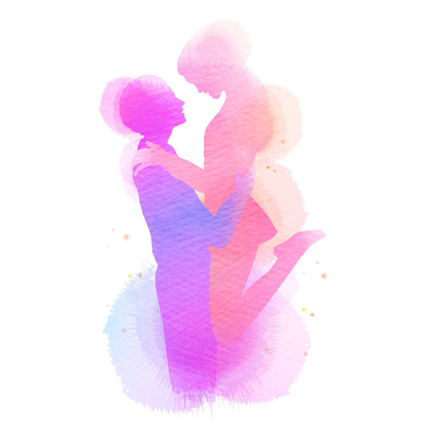 Romantic Valentine lovers silhouette on watercolor background. L - Vector, Image