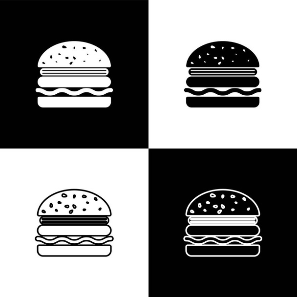 Burger simgelerini siyah beyaz arka planda yalıtılmış olarak ayarlayın. Hamburger simgesi. Cheeseburger sandviç işareti. Vektör İllüstrasyonu - Vektör, Görsel