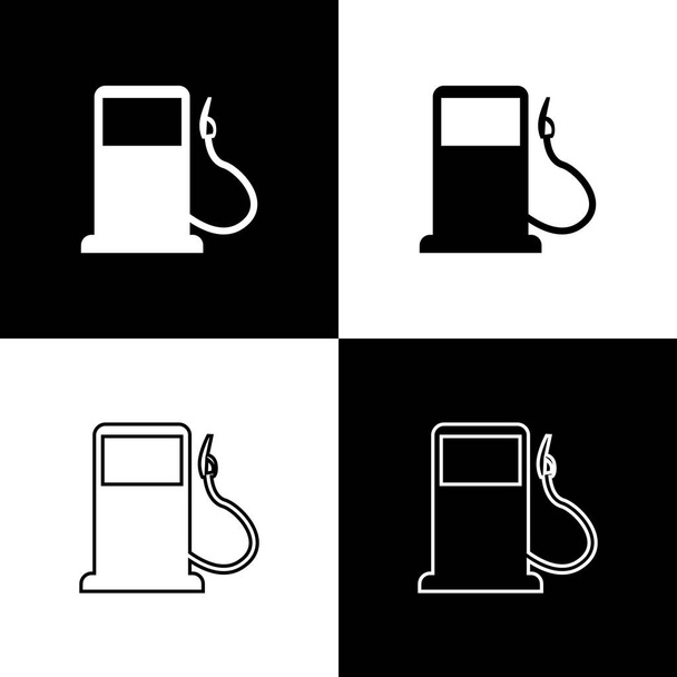 Nastaví ikony benzinu nebo benzinové stanice izolované na černém a bílém pozadí. Symbol palivové nádrže. Benzinové čerpadlo. Vektorová ilustrace - Vektor, obrázek