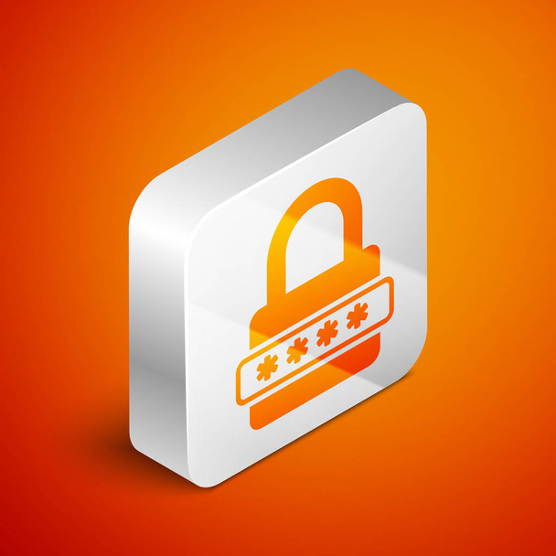 アイソメトリックパスワード保護と安全アクセスアイコンは、オレンジ色の背景に分離されています。ロックアイコン。セキュリティ、安全、保護、プライバシーの概念。シルバーの正方形のボタン。ベクトルイラストレーション - ベクター画像
