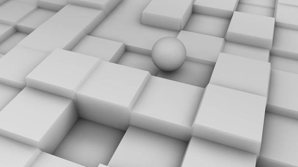 3D-illustratie van een witte bol op een wit oppervlak met een kubieke reliëf. Futuristisch ontwerp, abstracte achtergrond voor uw bureaublad. 3D-rendering van een chaotische ordening van de geometrie op een oppervlak. - Foto, afbeelding