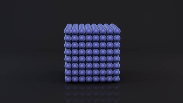 3D-rendering van een NeoCube, een geometrisch figuur bestaande uit vele magnetische metalen ballen van blauw. Neocub op een donker reflecterend oppervlak. Futuristische abstracte 3D-ontwerp. 3D-rendering. - Foto, afbeelding