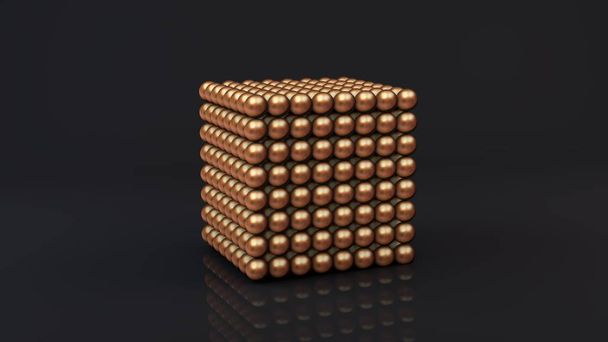 3D рендеринг неокуба, геометрической фигуры, состоящей из многих магнитных металлических шариков из бронзы. Неокуб на темной отражающей поверхности. Футуристический абстрактный 3D дизайн. 3D рендеринг
. - Фото, изображение