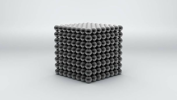 3D vykreslování Neocube, Geometrická postava skládající se z mnoha chromovaných kovových koulí. Neocube na bílém povrchu, izolovaný. Futuristický abstraktní 3D design. prostorové vykreslování. - Fotografie, Obrázek