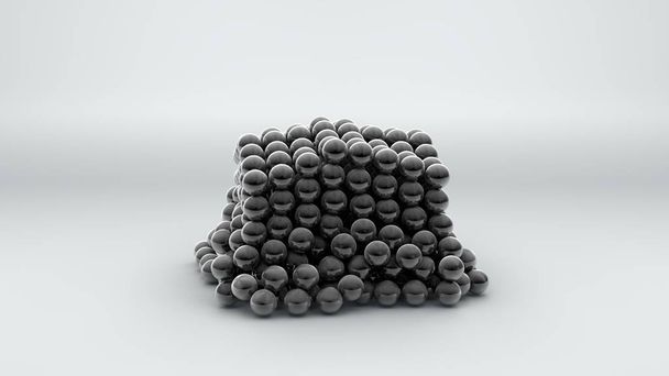 Representación 3D de un neocubo, una figura geométrica que consta de muchas bolas de metal magnético cromado. El neocubo se destruye en una superficie blanca, aislado. Diseño 3D futurista abstracto. Renderizado 3D
. - Foto, Imagen