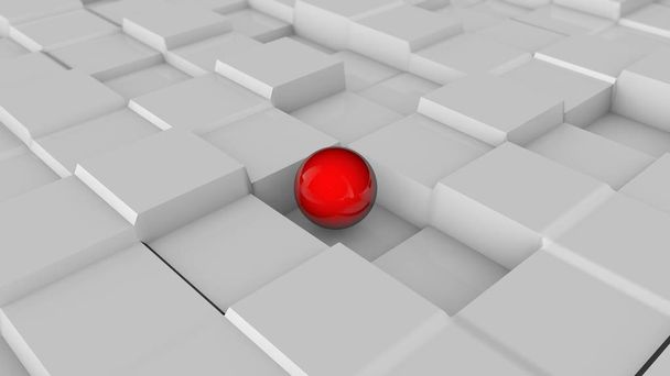 立方体のレリーフを持つ灰色のサーフェス上の赤い球の 3D イラスト。未来的なデザイン、抽象的な白いデスクトップの背景。サーフェス上のジオメトリの混沌とした配置の 3D レンダリング. - 写真・画像