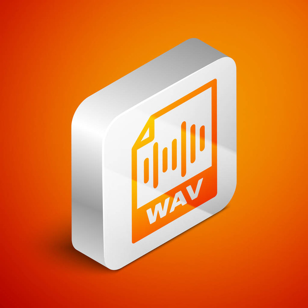 アイソメトリック Wav ファイル ドキュメント アイコン。オレンジ色の背景に分離されたwavボタンアイコンをダウンロードします。デジタルオーディオリフファイル用の波形オーディオファイル形式。シルバーの正方形のボタン。ベクトルイラストレーション - ベクター画像