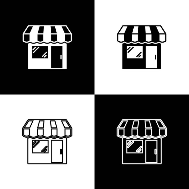 Conjunto de edificios de compras o iconos de tiendas de mercado aislados sobre fondo blanco y negro. Construcción de tiendas. Ilustración vectorial
 - Vector, Imagen