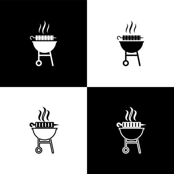 Définir Barbecue shish kebab grillé sur brochette icônes bâton isolé sur fond noir et blanc. Kebab de viande barbecue sur bâton de brochette. Pique-nique avec viande grillée. Illustration vectorielle
 - Vecteur, image