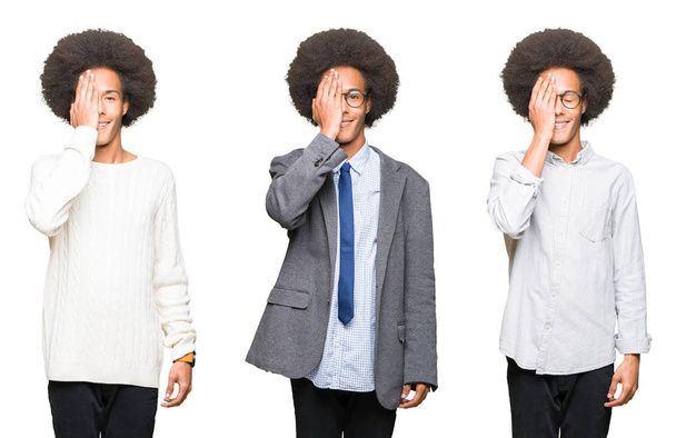 Collage van jonge man met afro haar over witte geïsoleerde achtergrond die betrekking hebben op een oog met hand met vertrouwen glimlach op het gezicht en verrassing emotie. - Foto, afbeelding