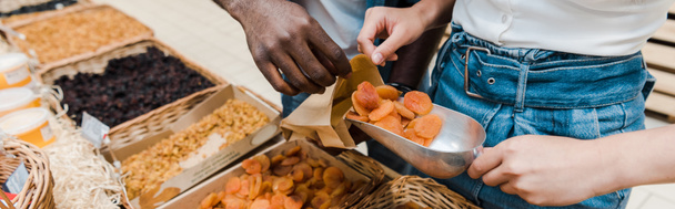 panoramic shot of woman holding metal scoop with dried apricots near african american man with paper bag  - Foto, Imagen