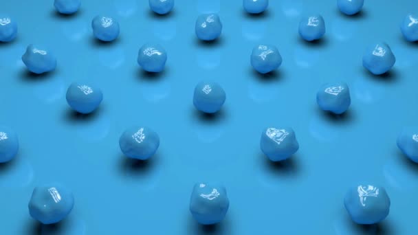 Animación 3D de un conjunto de gotas líquidas de color azul sobre una superficie azul
. - Imágenes, Vídeo