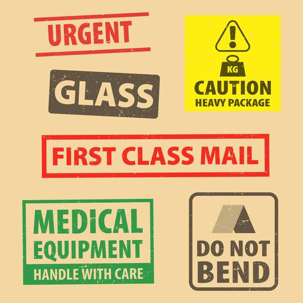 Set of fragile sticker Caution Heavy Package and Do Not Bend icon packaging symbols sign, fragile  and Urgent rubber stamp on cardboard background, vector illustration. Use on package. EPS10. - Vector, Image