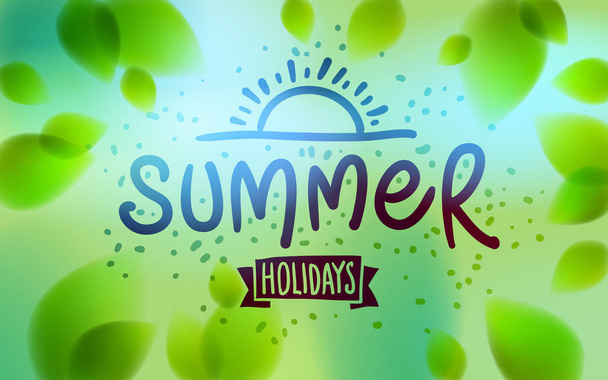 Summer word drawn on a window, fresh green leaves blurred backgr - Vector, Image