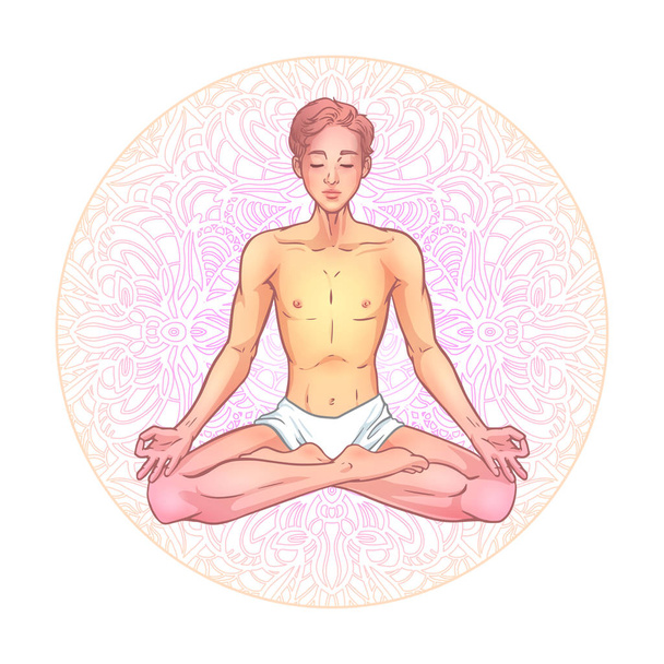 Young meditating yogi man in lotus pose on mandala background. V - Vecteur, image
