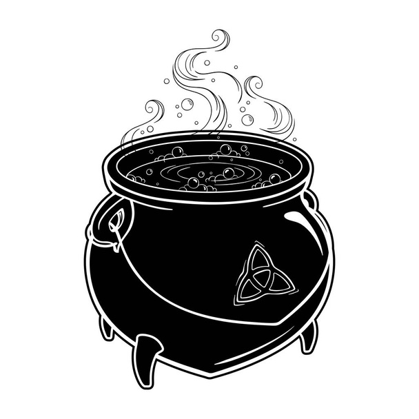 Boiling magic cauldron vector illustration. Hand drawn wiccan design, astrology, alchemy, magic symbol or halloween design - Vector, Image