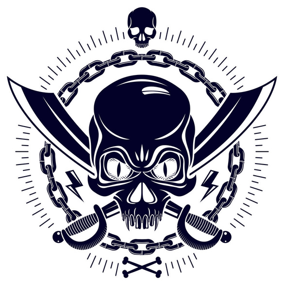 Агрессивный череп пиратская эмблема Веселый Роджер с оружием и othe
 - Вектор,изображение