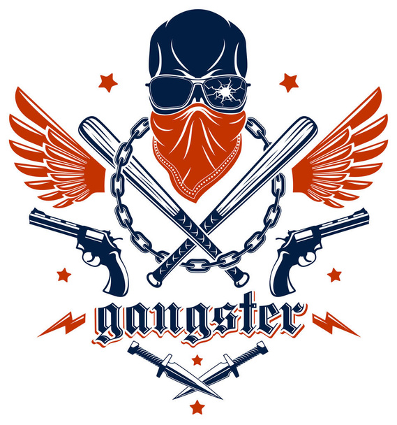 Gangster emblem logo or tattoo with aggressive skull baseball ba - Vector, Imagen