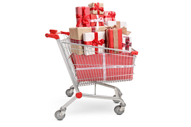 Shopping cart with a pile of wrapped gifts - Fotoğraf, Görsel