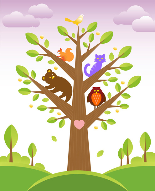 Tree and cute animals - Vector, Imagen