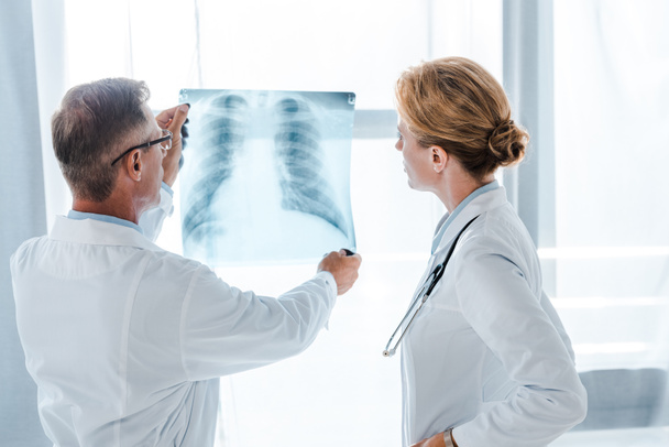 médecin regardant la radiographie près de collègue en manteau blanc debout dans la clinique
  - Photo, image