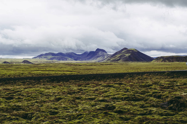 Izlanda 'nın sonsuz manzaraları. Gri yağışlı bulutlar altında soluk yeşil çim ve puslu dağlar. - Fotoğraf, Görsel