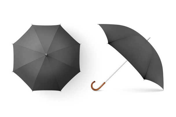 Vector 3d Realistic Render Black Blank Umbrella Icon Set Closeup Isolated on White Background. Design Template of Opened Parasols for Mock-up, Branding, Advertise etc. Top and Front View - ベクター画像