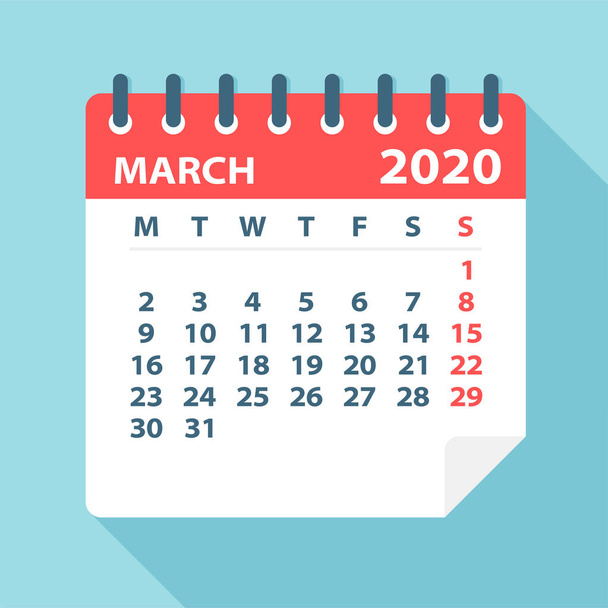 2020 Μαρτίου φύλλο ημερολογίου-διανυσματική απεικόνιση - Διάνυσμα, εικόνα