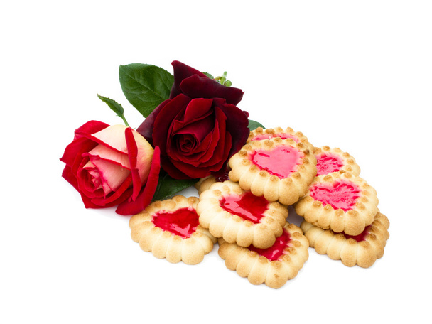 Heart-shaped cookies and rose - Φωτογραφία, εικόνα