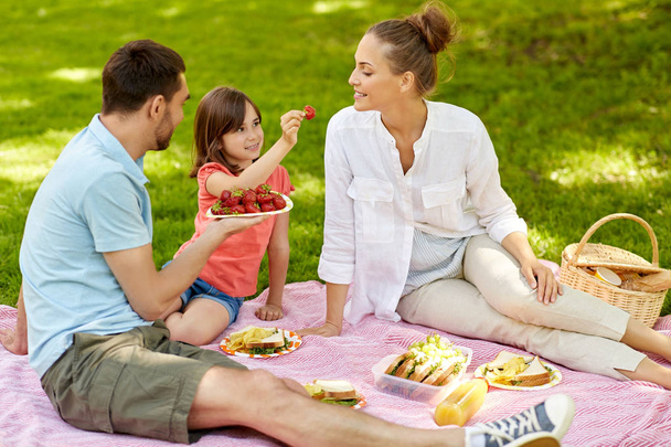 family eating strawberries on picnic at park - Foto, Imagem