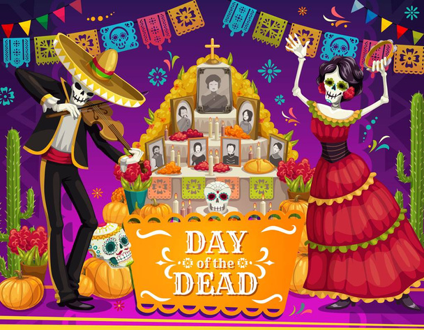 Día Mexicano de Muertos esqueletos, altar, calaveras de azúcar
 - Vector, Imagen