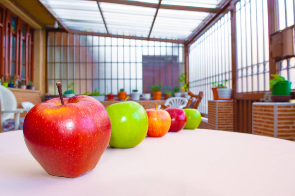 Barevná jablka v řadě s krásnými zahradním pozadím - Fotografie, Obrázek