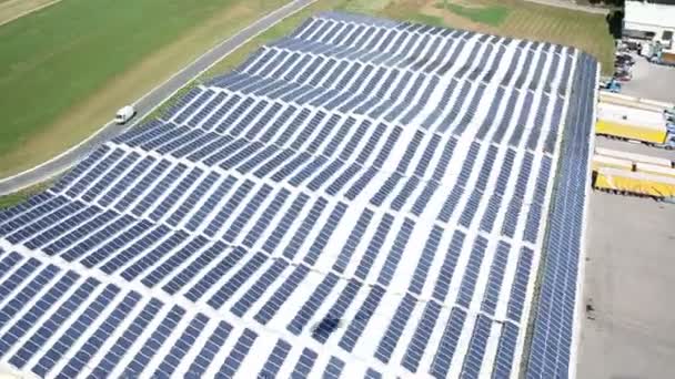 Panorama slide shot from helicopter representing roof covered with solar power station - Footage, Video