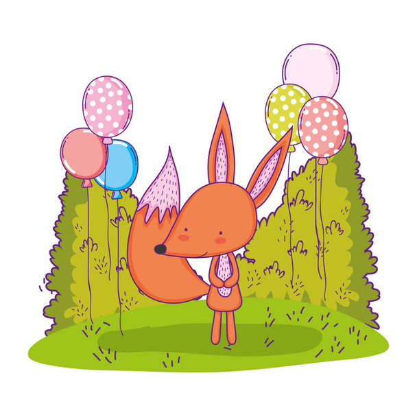 lindo y pequeño zorro con globos de helio en el paisaje
 - Vector, imagen