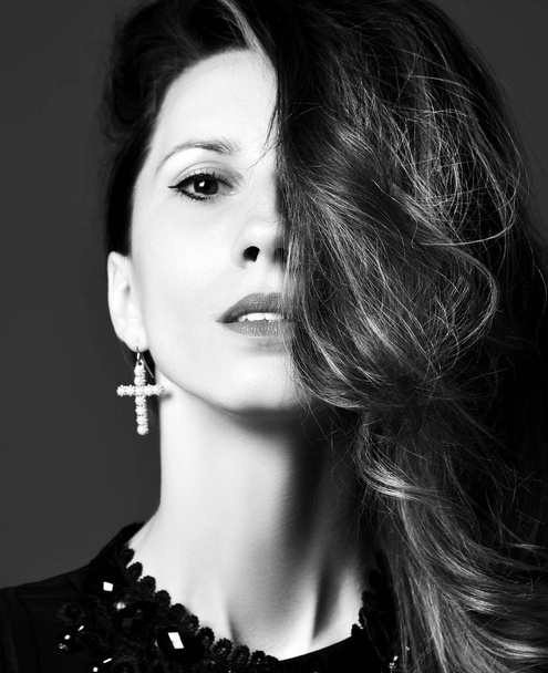 Black and white fashion art studio portrait of beautiful elegant woman with windy hair  - Φωτογραφία, εικόνα