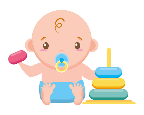 beyaz arka plan bebek duş üzerinde oyuncak ile bebek erkek bebek - Vektör, Görsel