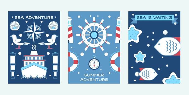 Sea summer adventure set of posters vector illustration. Nautical collection of things such as ship wheel, spyglass, lifeline, lighthouse. Sea life with fish and starfish. - Διάνυσμα, εικόνα
