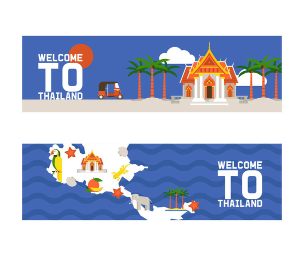Welcome to Thailand set of banners. Traditions, culture of country. Ancient memorials, buildings, nature and animals such as elephant. Transport vehicle tuk tuk vector illustration. - Vector, Image