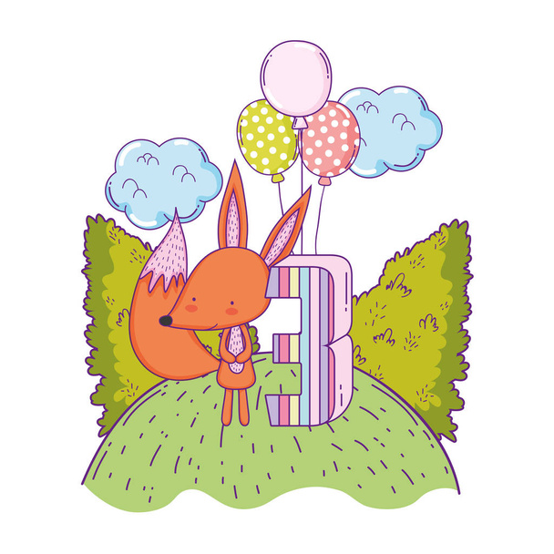милый и маленький лис с воздушными шарами гелия в ландшафте
 - Вектор,изображение