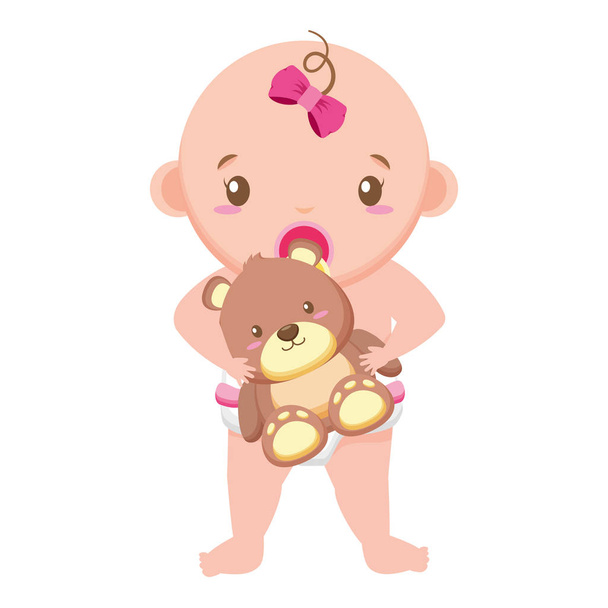 niedliches Mädchen in Windel mit Spielzeugbär Baby-Dusche - Vektor, Bild
