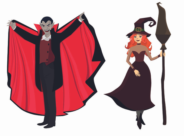 Dracula e la strega. Personaggi di Halloween. Isolato su sfondo bianco. Grafica vettoriale
. - Vettoriali, immagini