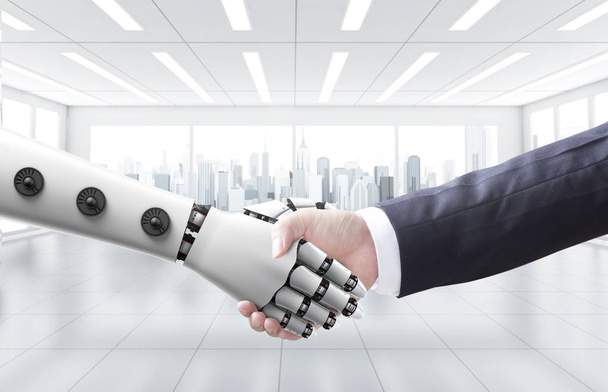 Бізнесмен потиснути руку з машиною або роботом
 - Фото, зображення