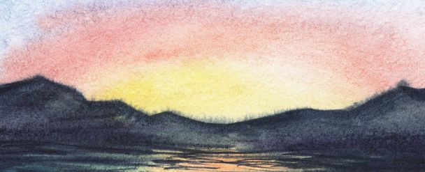 Abstract watercolor background seascape. Dark line of calm water merging with blurred mountain chain beneath colorful sunset sky reflected on smooth surface. Hand drawn brushstroke banner illustration - 写真・画像