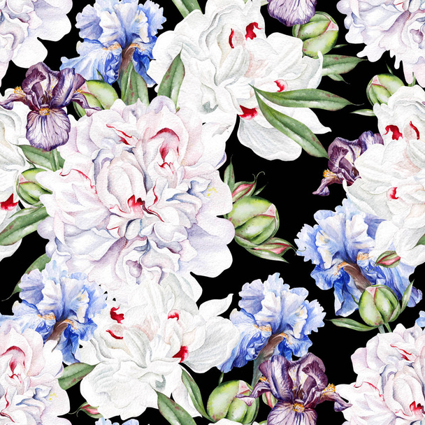 Beautiful watercolor seamless pattern with peony flower and iris.  - Photo, Image