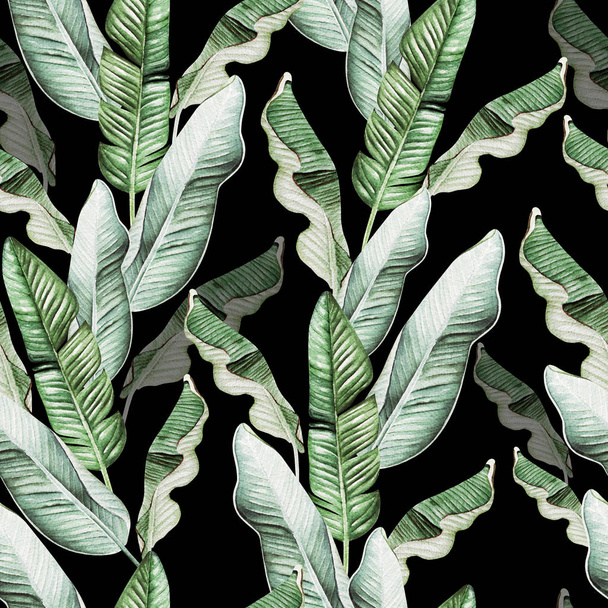 Hermoso patrón sin costura de acuarela con hojas tropicales y hojas de plátano
.  - Foto, imagen