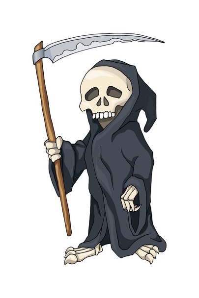 Esqueleto humano en túnica negra de pie con guadaña, personaje de dibujos animados
 - Vector, imagen
