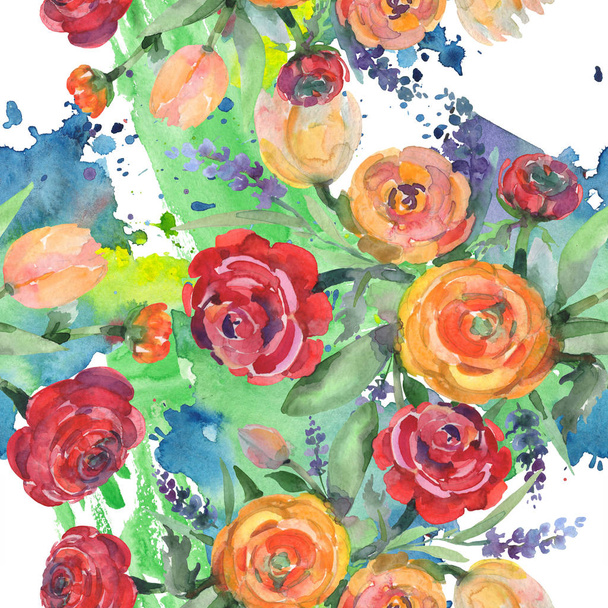 Bouquet floral botanical flowers. Watercolor background illustration set. Seamless background pattern. - Photo, image