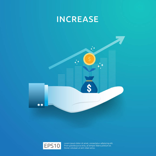 business chart on hand. income salary rate increase. graphic growth margin revenue. Finance performance of return on investment ROI concept with arrow element. flat style design vector illustration. - Vector, Image