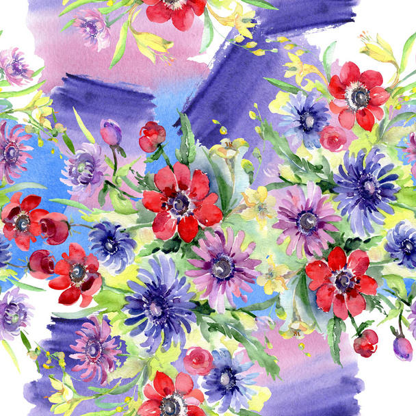 Bouquet floral botanical flowers. Watercolor background illustration set. Seamless background pattern. - Foto, Bild