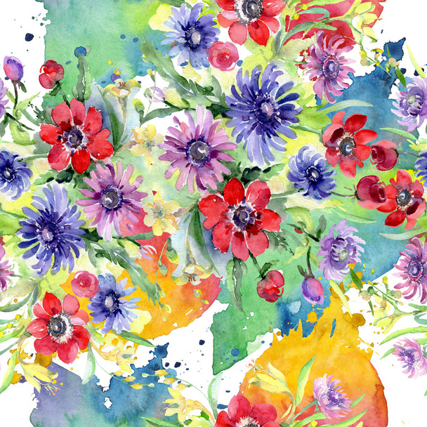 Buquê flores botânicas florais. Conjunto de ilustração de fundo aquarela. Padrão de fundo sem costura
. - Foto, Imagem